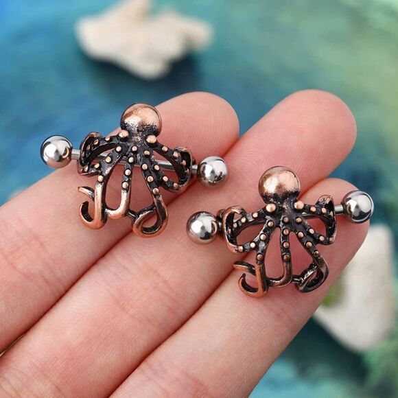 14G 316L Rose Gold Octopus Nipple Rings - Set of 2 - Picture 3 of 4